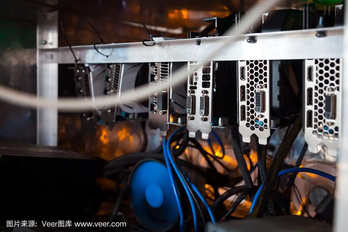 A close-up of a mining rig, highlighting its components and cooling system.