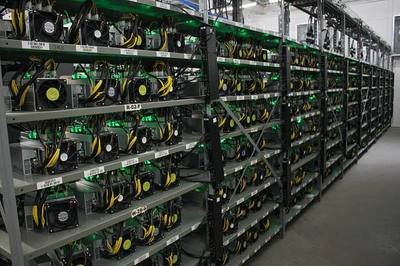 A captivating mining farm showcasing rows of mining rigs